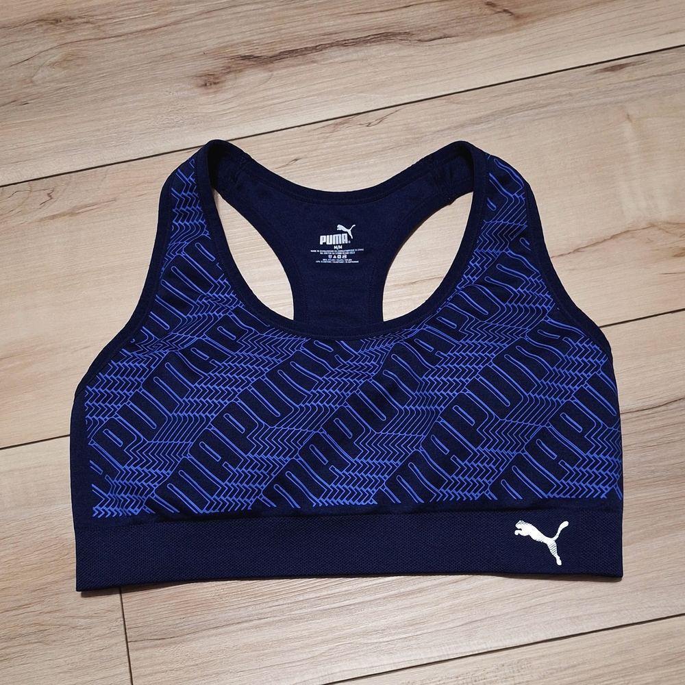 Puma Blue Racerback Sports Bra with Geometric Design Size Medium